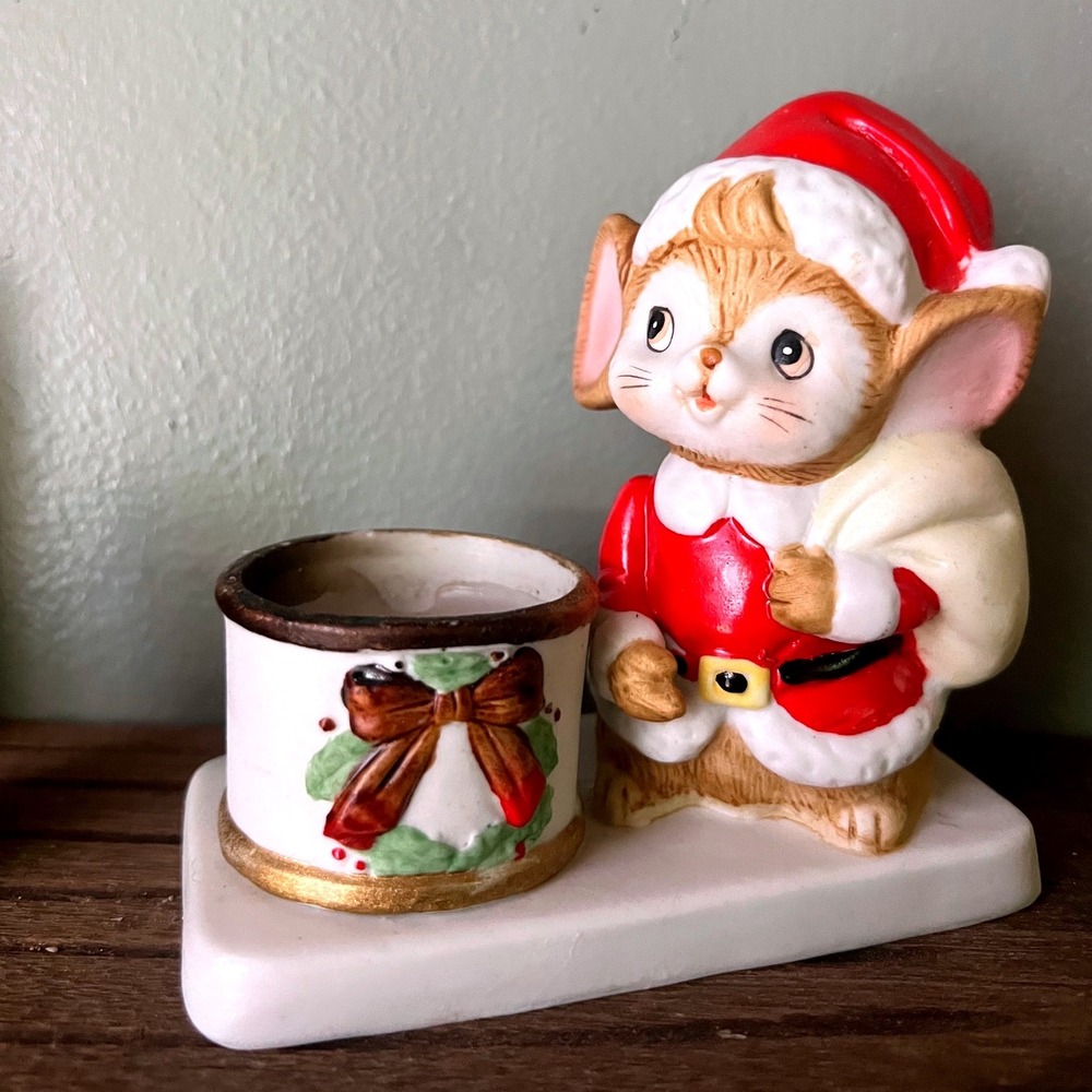 Vintage Homco Santa Mouse Votive Candle Holder, Kitschy 1980s Christmas Figurine